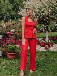 HH Women Fashion Suits Square Neck Sleeveless Double Breasted Waistcoat Top+Mid-Waist Slit Stralght Pants Female Summer Sets