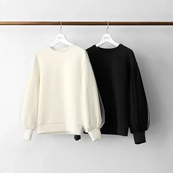 KUSAHIKI 2024 New Mesh Patchwork Sleeve Hoodie Causal Round Neck Women Pullover Sweatshirt Top Moletom