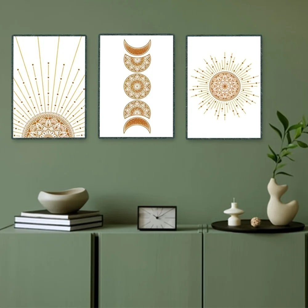 2D Flat, 2D Flat, Set of 3 Unframed Mid-Century Mandala Featuring Sun And Moon Designs in Burnt Orange, Perfect for Modern Ge