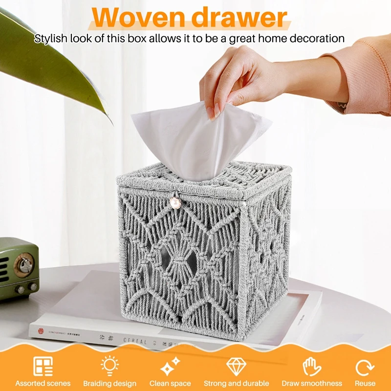 Couvercle de boîte à mouchoirs en papier carré, décor Boho, avec boucle en perles, organisateur de mouchoirs de serviette en macramé pour le bureau et la maison