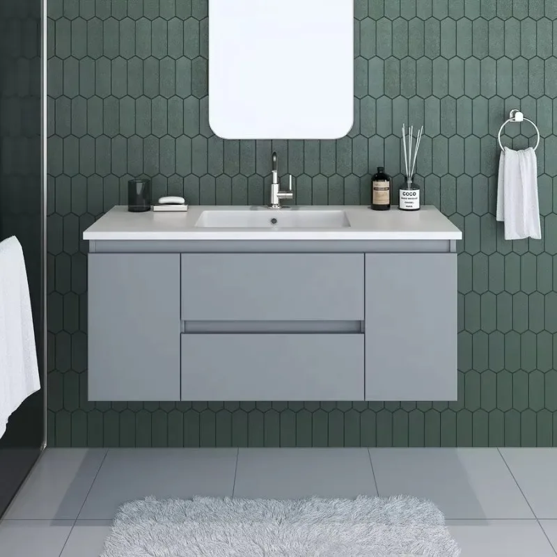 Modern minimalist bathroom vanity flat panel wall-mounted with organized storage compartments and single sink basin