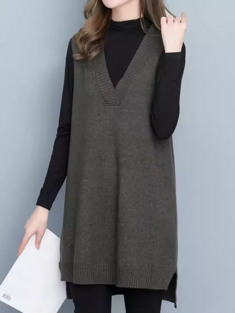 

Свободный вязаный жилет для женщин, осенне-зимняя верхняя одежда, V-образный вырез, средней длины, из пряжи, в стиле рабочей одежды, большие размеры, весна-лето