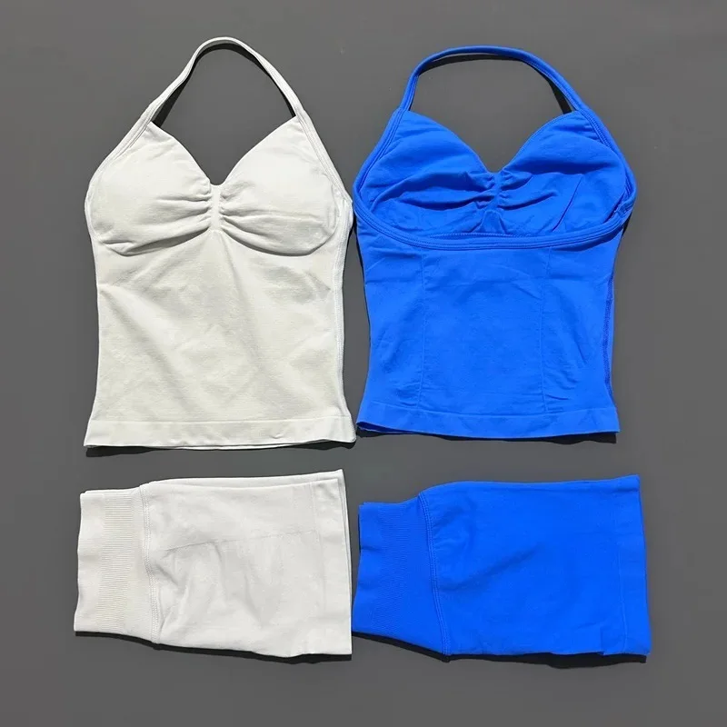 

Seamless Sportswear Suit Women Impact Longline Strappy Tops Vest High Waist Shorts Yoga Fitness Running Gym Workout Legging Sets
