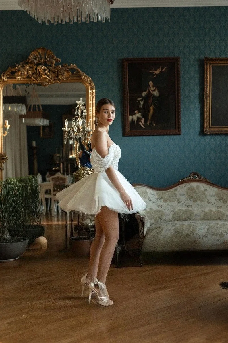 Corset Sparkly Off The Shoulders Wedding Dresses Gliter Dress Bridal White Simple Wedding Dress Elopement Short Wedding Dress