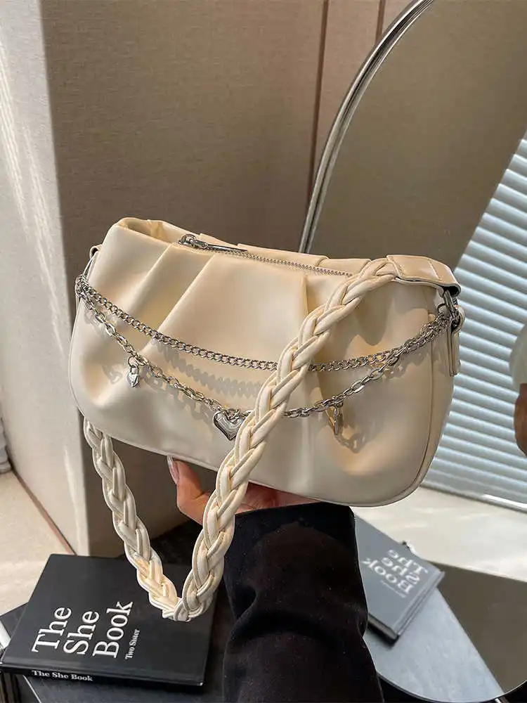 

Beige Women's Small Square Bag Ladies 2025 New Popular Solid Color Chain Single Shoulder Pack High-end Commuting Armpit Bags