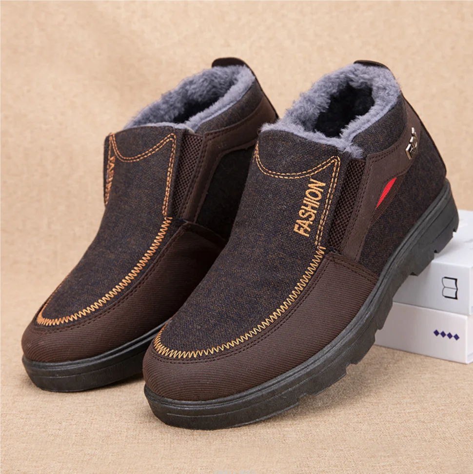 Fashion Warm Man Shoes Winter Snow Boots Faux Leather Fur Lined Shoes Elder Men Flat Ankle Plush Boots Light Cotton-padded Shoes