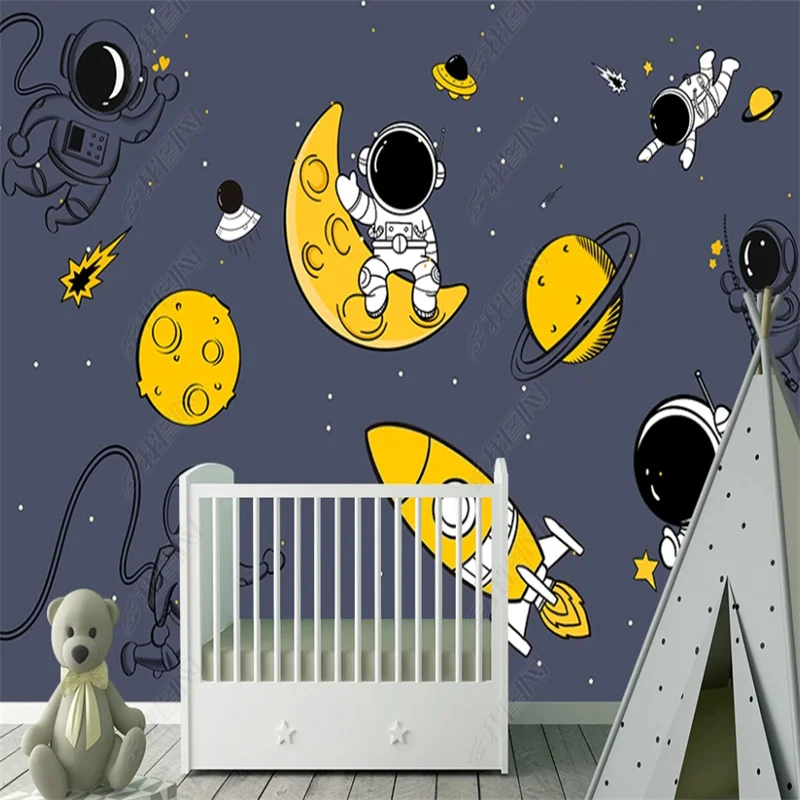 

Cartoon Universe Wall Paper Golden Moon Rocket Planet Wallpaper Astronaut Strolling Space Mural for Kids Room Children's Room