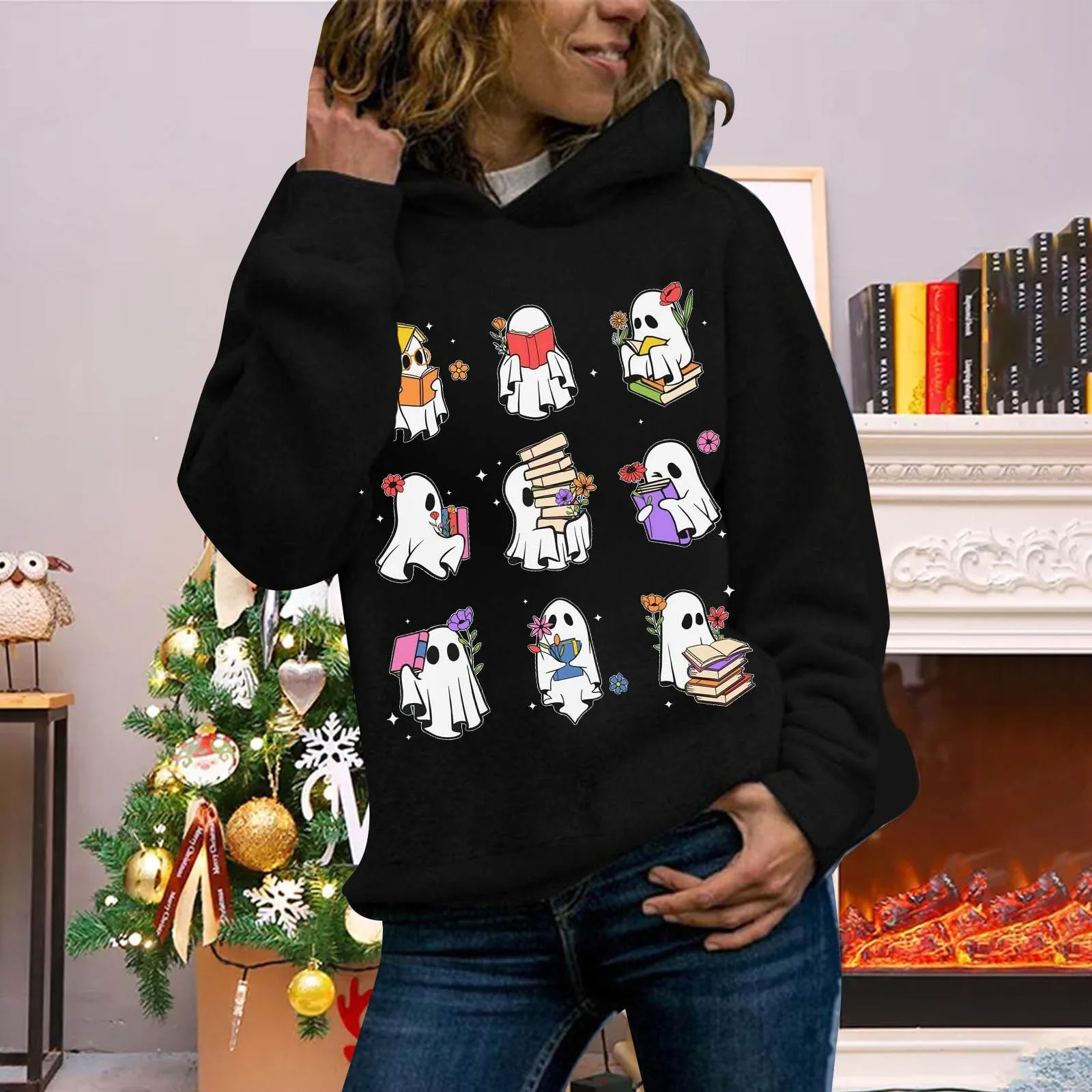 Autumn Halloween Women Hoodies Cartoon Ghost Read Books Print Pullover Long Sleeve Book Lover Hooded Festival Sweatshirt