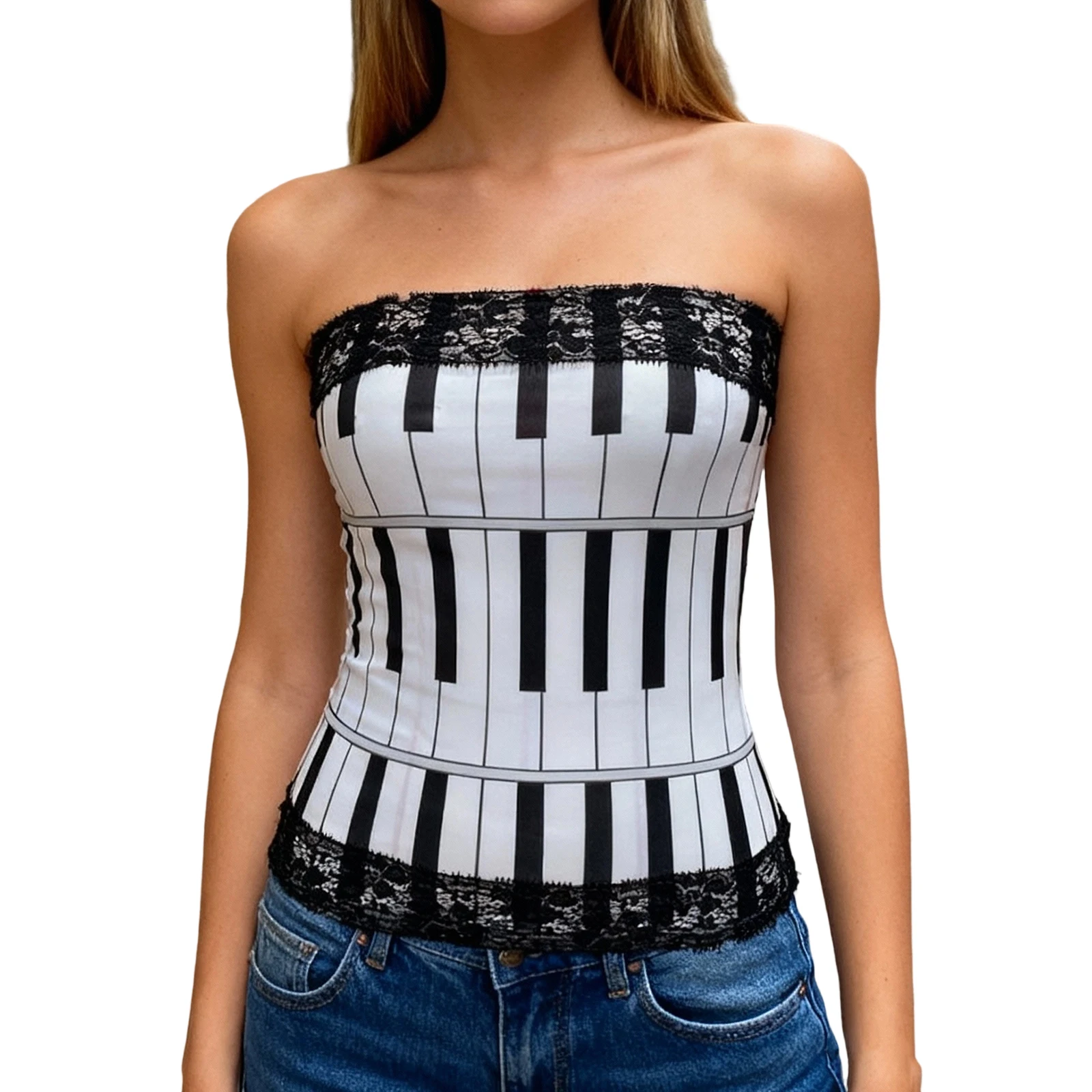 

Женские топы-кропы с кружевной отделкой и открытыми плечами, без рукавов, в стиле фортепианных клавиш, модная летняя уличная одежда
