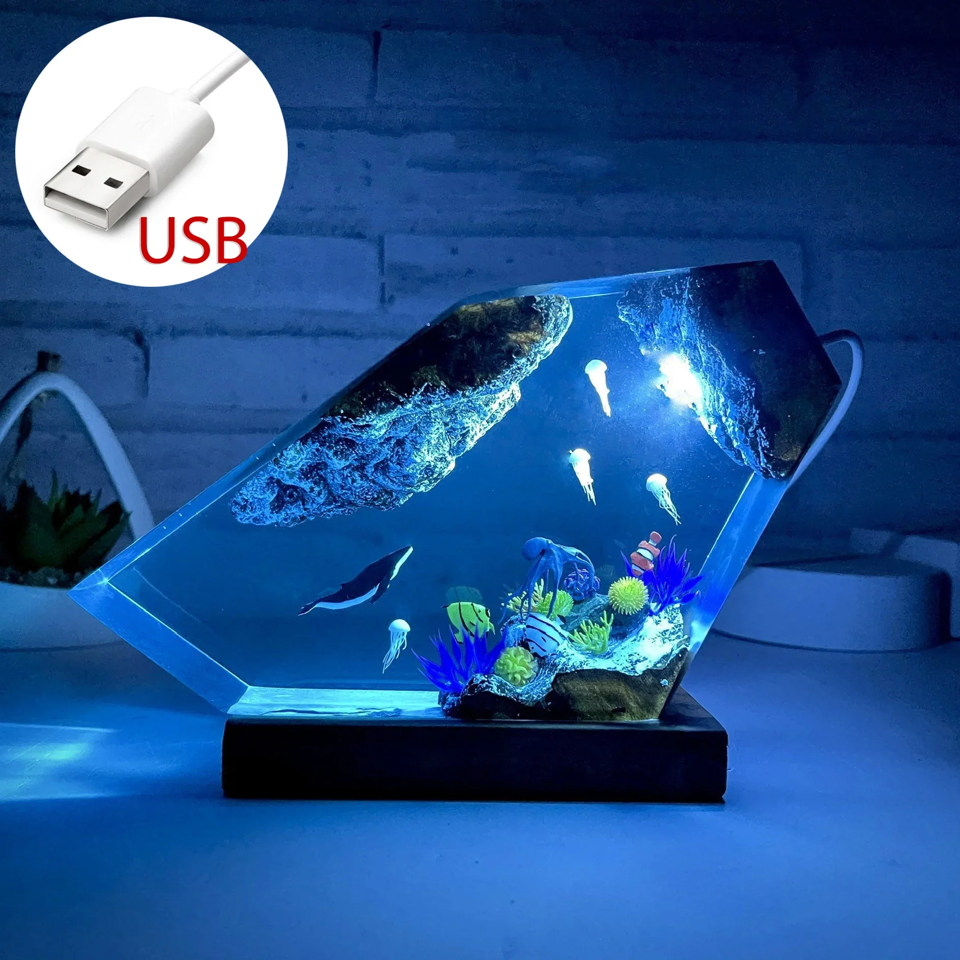 Meeresbodenwelt Organismus Harz Tischleuchte Kunst Dekoration Lampe Wale und Qualle Nachtlicht Kreatives USB-Lade-Nachtlicht Gif