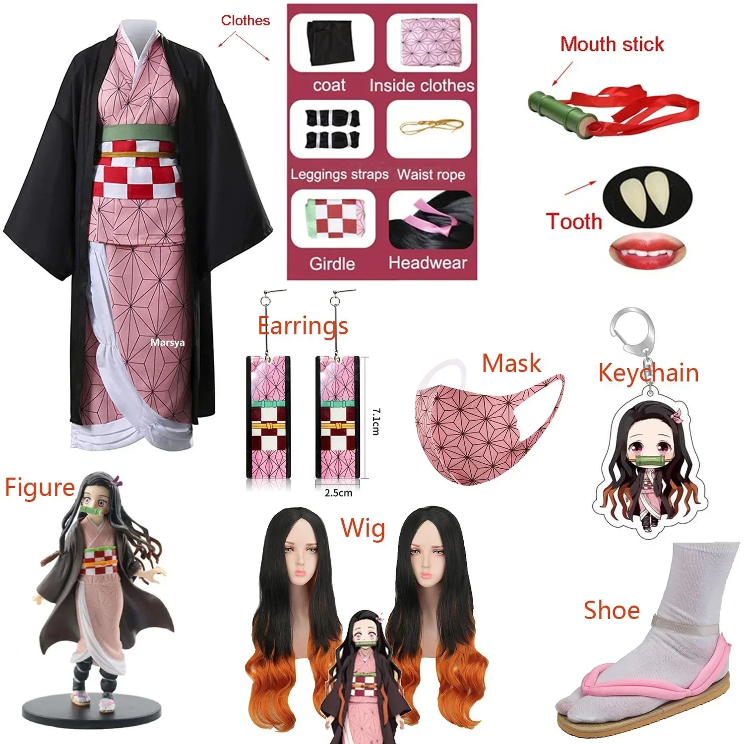 Kamado Nezuko Cosplay Kostüm Anime Dämon Slayer Kimono Hallween für Frauen Mädchen Kinder Erwachsene Schuh Perücke Ohrringe Figur Schlüssel bund