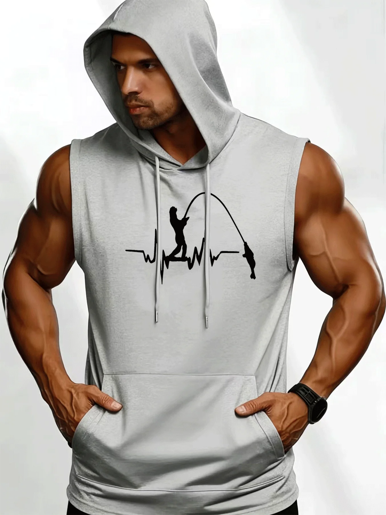 Summer sleeveless hooded pullover made of polyester fiber for boxing and fitness, with kangaroo pockets