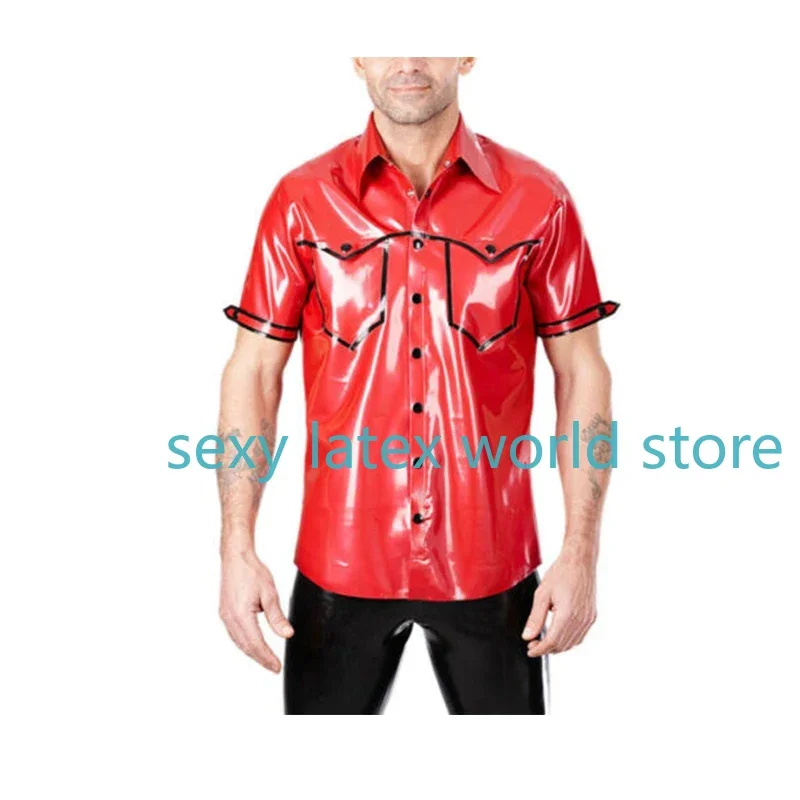 

100% Handmade Color Match Latex Men's Top T-Shirt Male Gummi Rubber Red with Black Trims Basic Fashion Custom