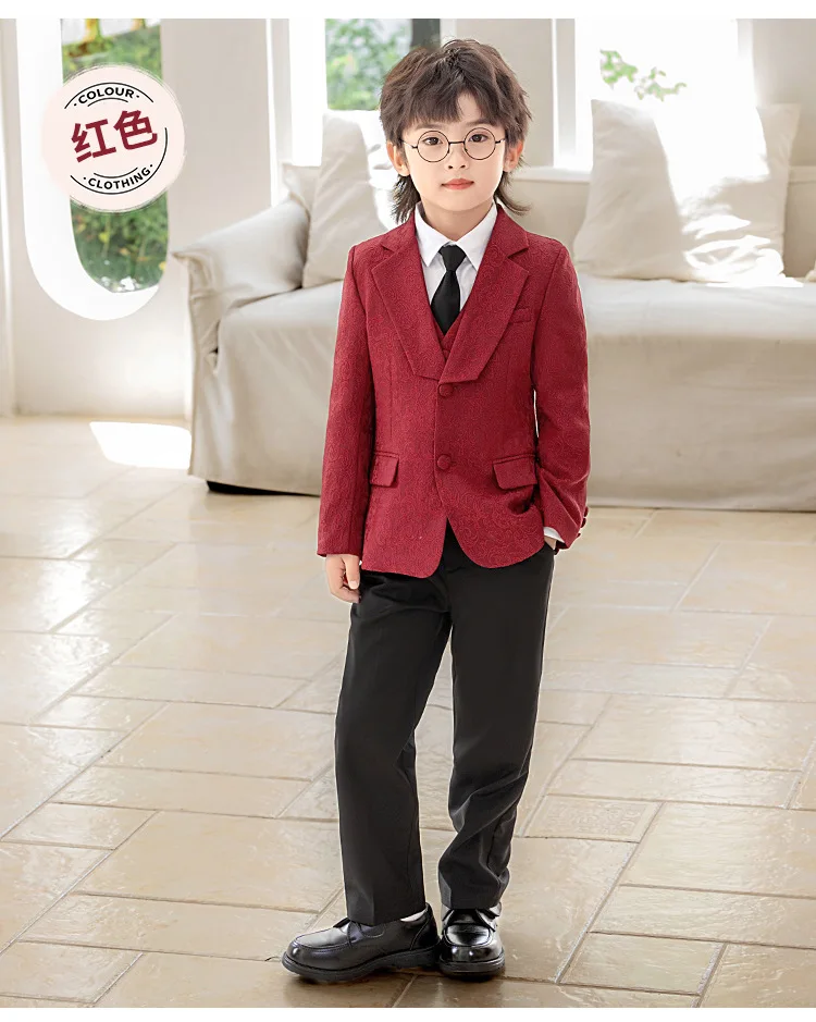 Kinder-Jungen-Jacquard-Blazer-Anzug-Set, Neujahrs-Blumenjungen-Hochzeitskostüm, Gastgeber-Outfit für Klavierauftritte, Bühnen- und Partykleidung – Detail 17