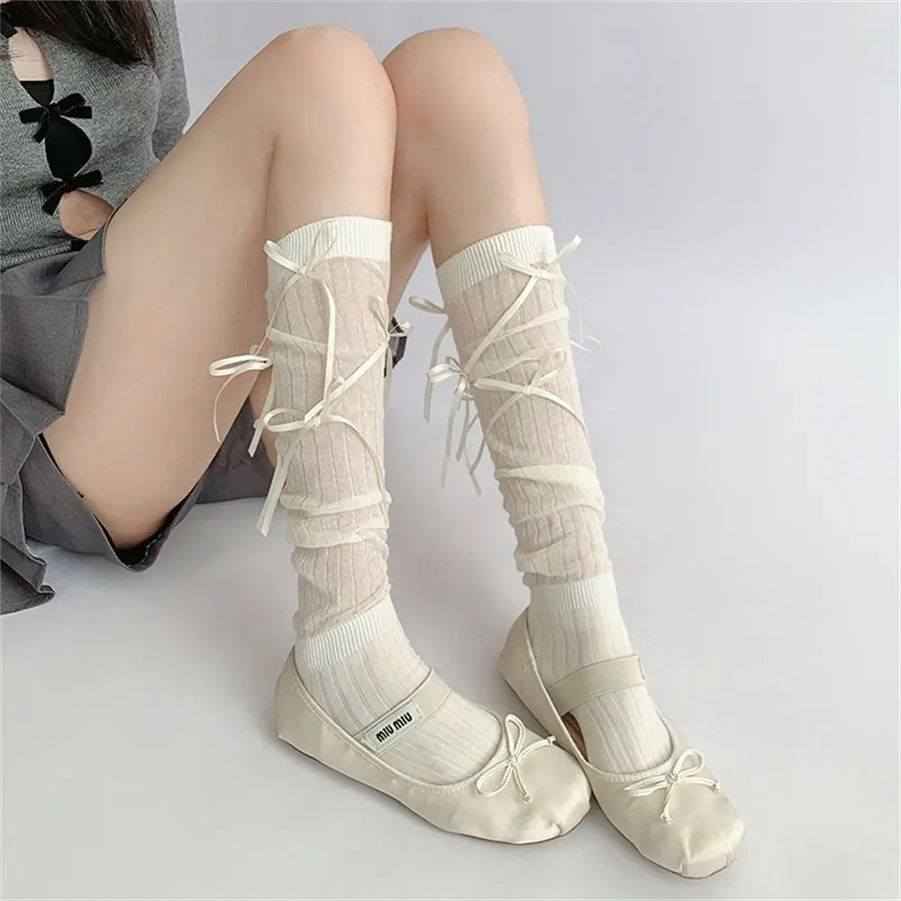 1 Pair Sweet Ballet Style Lolita Long Socks Transparent Thin Style JK Stockings Bandage Bowknot Thigh Stockings for Women Girls