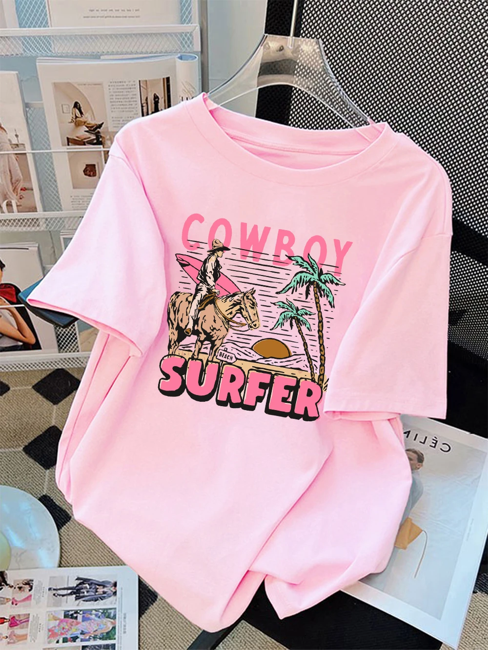 Summer T-Shirts Women Cotton Cowboy Surfer Coconut Tree Print Tops Loose O-Neck Soft Comfortable Short Sleeve Tees Basic Clothes
