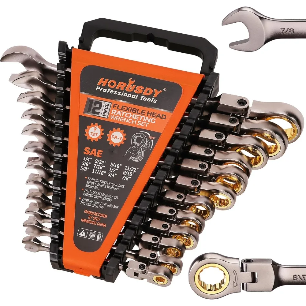 12-Piece SAE Flex-Head Ratcheting Wrench Set with Organizer | Ratchet Combination Wrenches Set