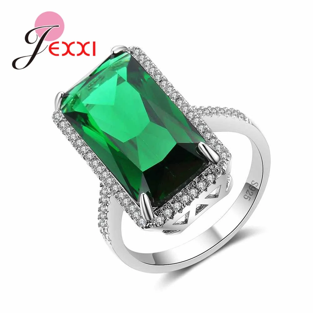 Wedding Engagement 925 Sterling Silver Rings For Women Rectangle Green Austrian Crystal Band Ring Bridal Jewelry Anillos