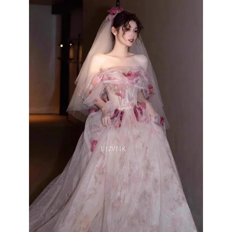 Long Floral Applique Wedding Dresses Women Fairy Pink Mesh Tulle Evening Ball Gown Off Shoulder Birthday Ceremony Prom Dress