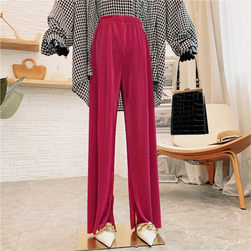 Elegant Vintage Straight Pleated Pants Women Summer Fashion High Waist Slit Trousers Casual Soft Korean Streetwear Pants Y2K