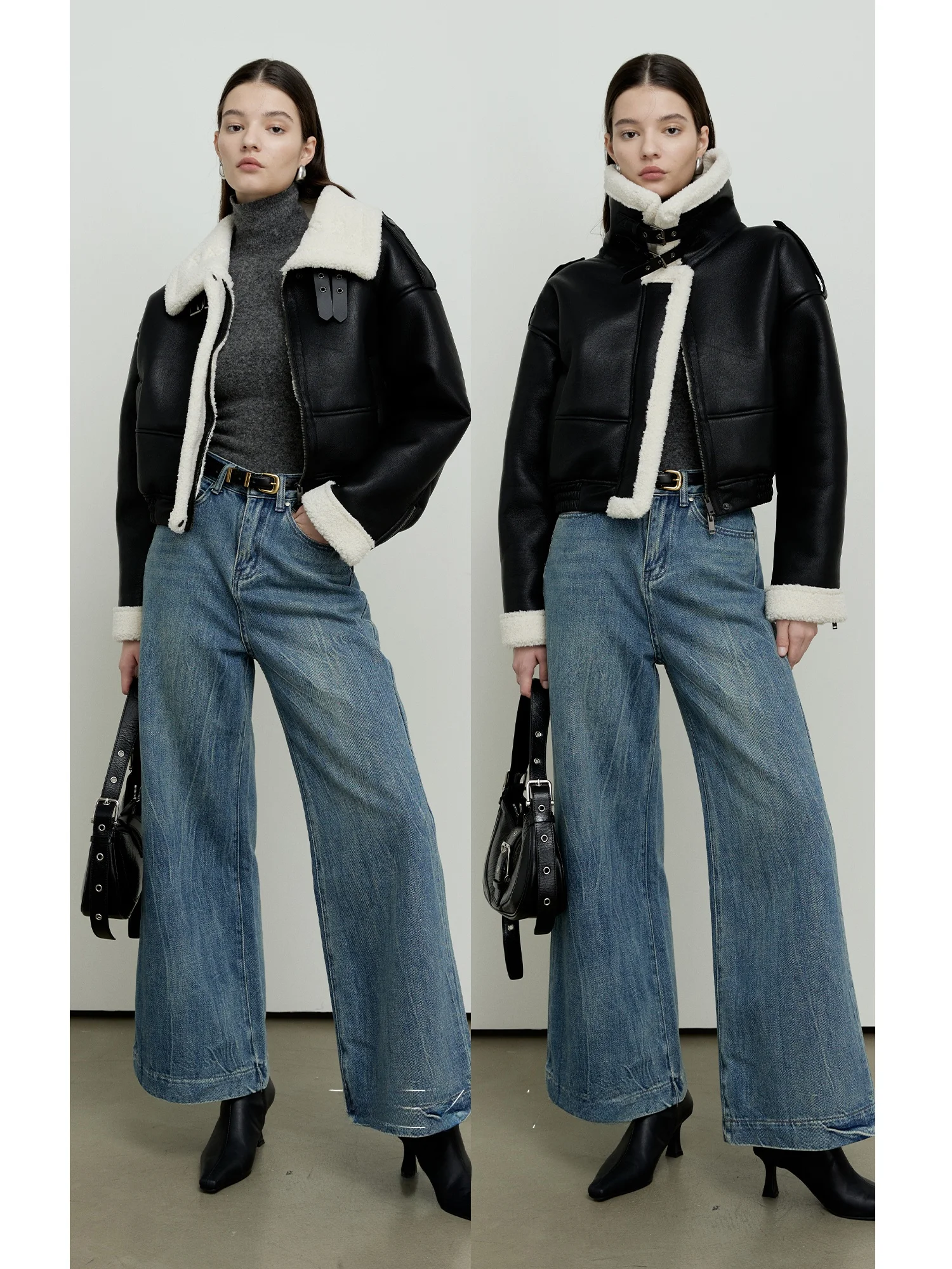 Roeywang pele de cordeiro ort biker jaet casaco de couro acolchoado de calor feminino mistura de lã de poliéster longo fecho de zíper sve