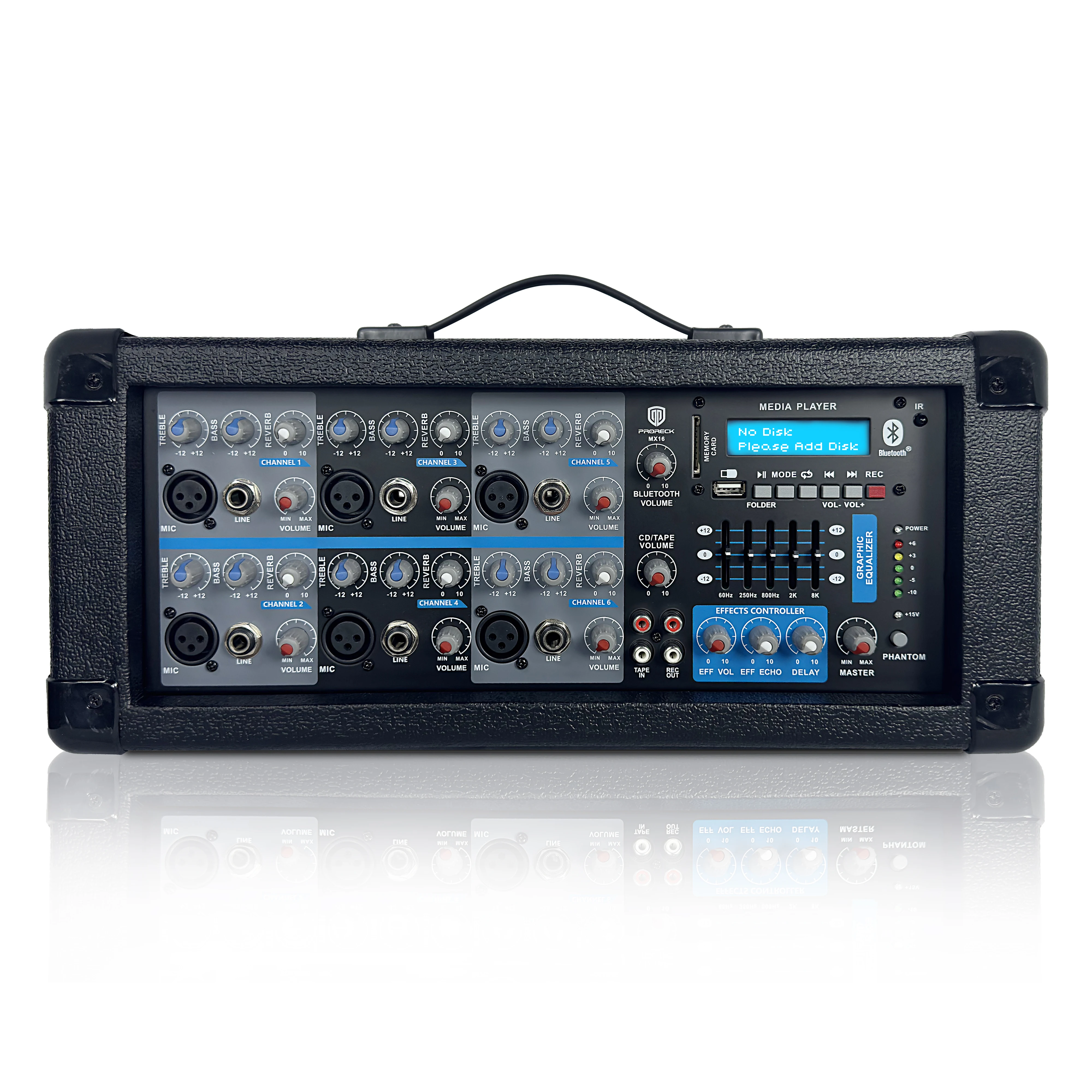 PRORECK MX16 Mixer de áudio profissional de 6 canais 500w com interface USB, Bluetooth, controlador de efeitos, alimentação fantasma de 15V. Ideal