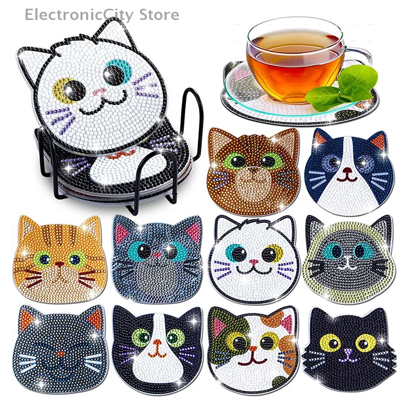 8pcs/Set DIY Cats Diamond Painting Coasters For Drinks Anti Slip Coasters With Holder Diamond Painting Coaster