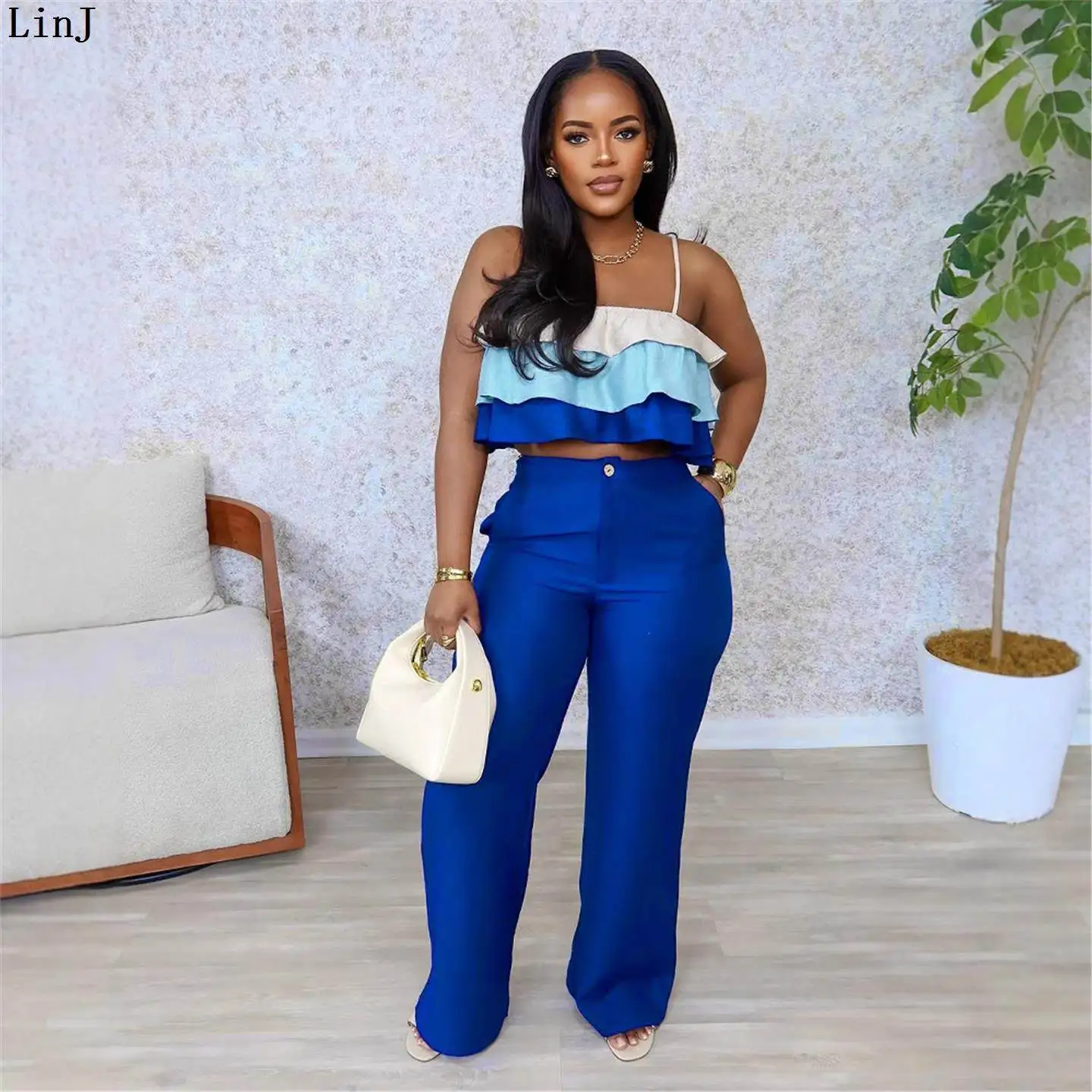 

Women's ter Ne Wrap Chest Lace Trim Top And Pants Set High Waist Long Pants Casual European Sle Color Blo Other Fabric