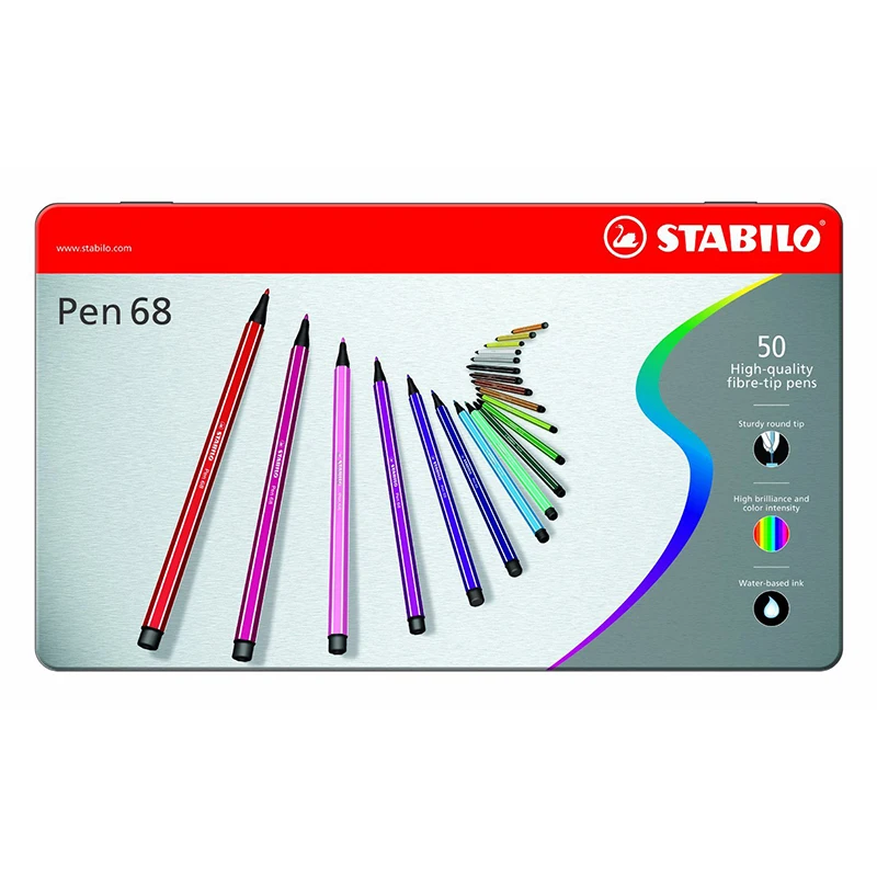 STABILO Premium Fiber-Tip Pen Pen 68 - Tin of 50 - Assorted Colors, Coloring Felt Tip Marker, Fine Point, 1mm Tip
