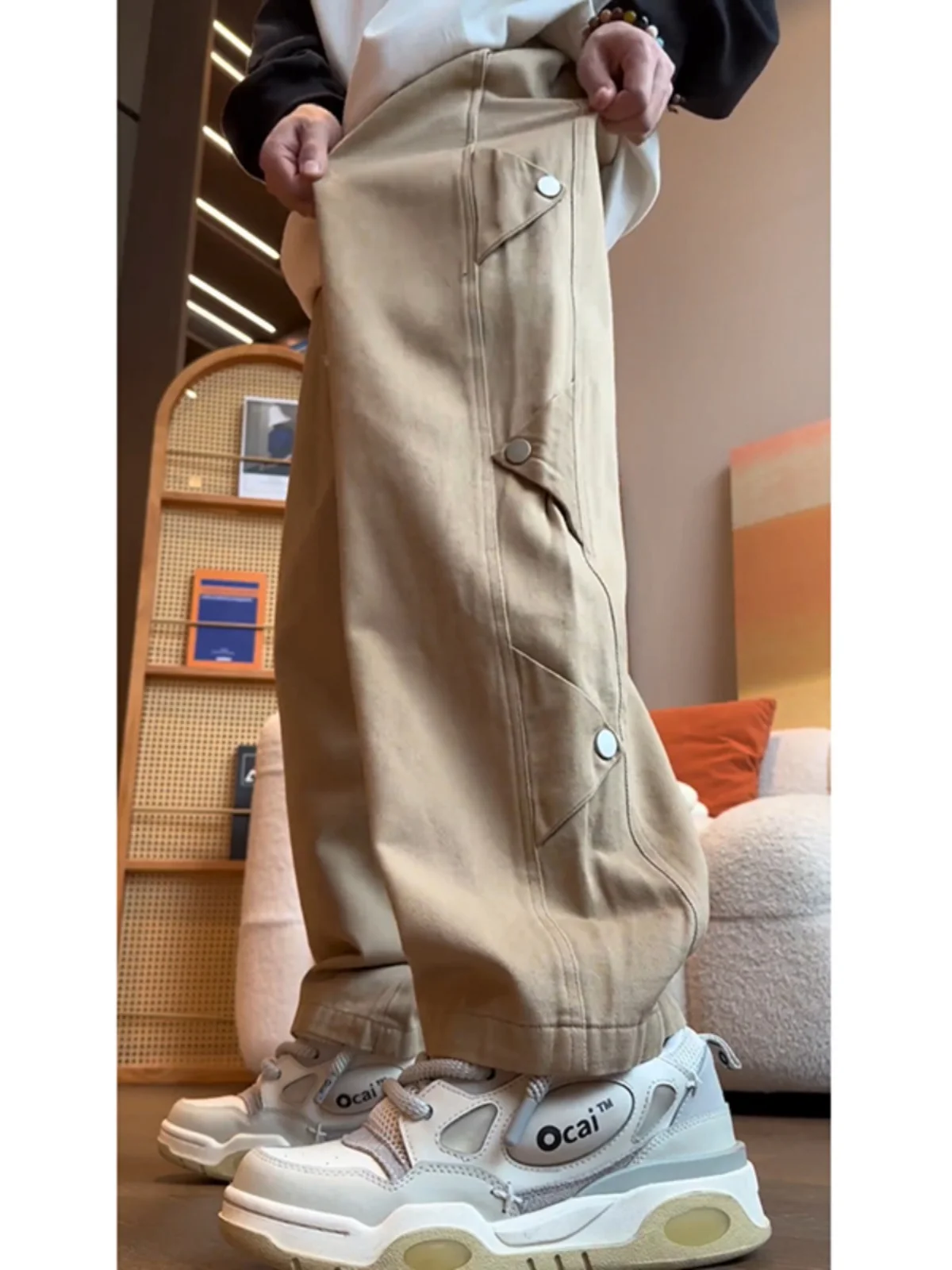 

y Khaki Straight Leg Men's Pants Vintage American Workwear Trousers Floor-Length Button Detail Casual Pants