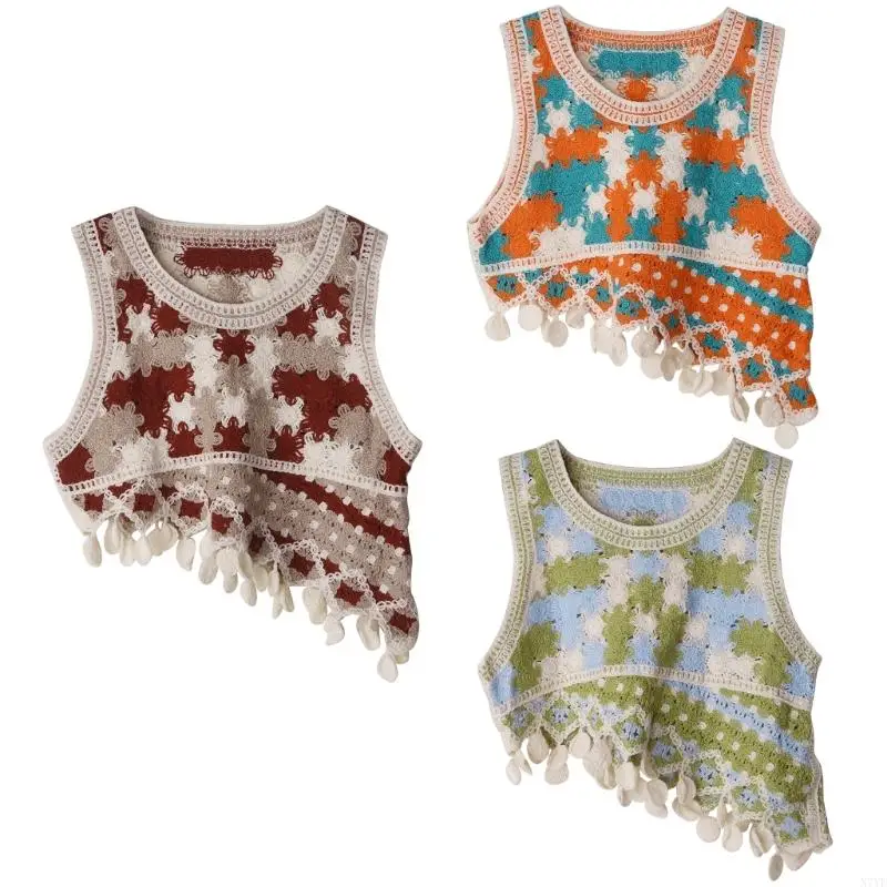 Lacy Tanks Vest Knitted Lovely Tops Loose Fit Sweet Pattern Shirt for Daily N7YE