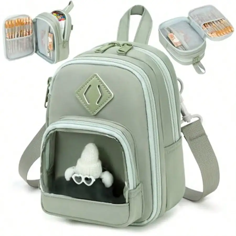 

Large Capacity Backpack Pencil Case Pen Bag With Clear Pocket Cute Kawaii Pen Pouch Organizer With Adjustable Strap Plush Doll Keychain For School Girls Boys Green