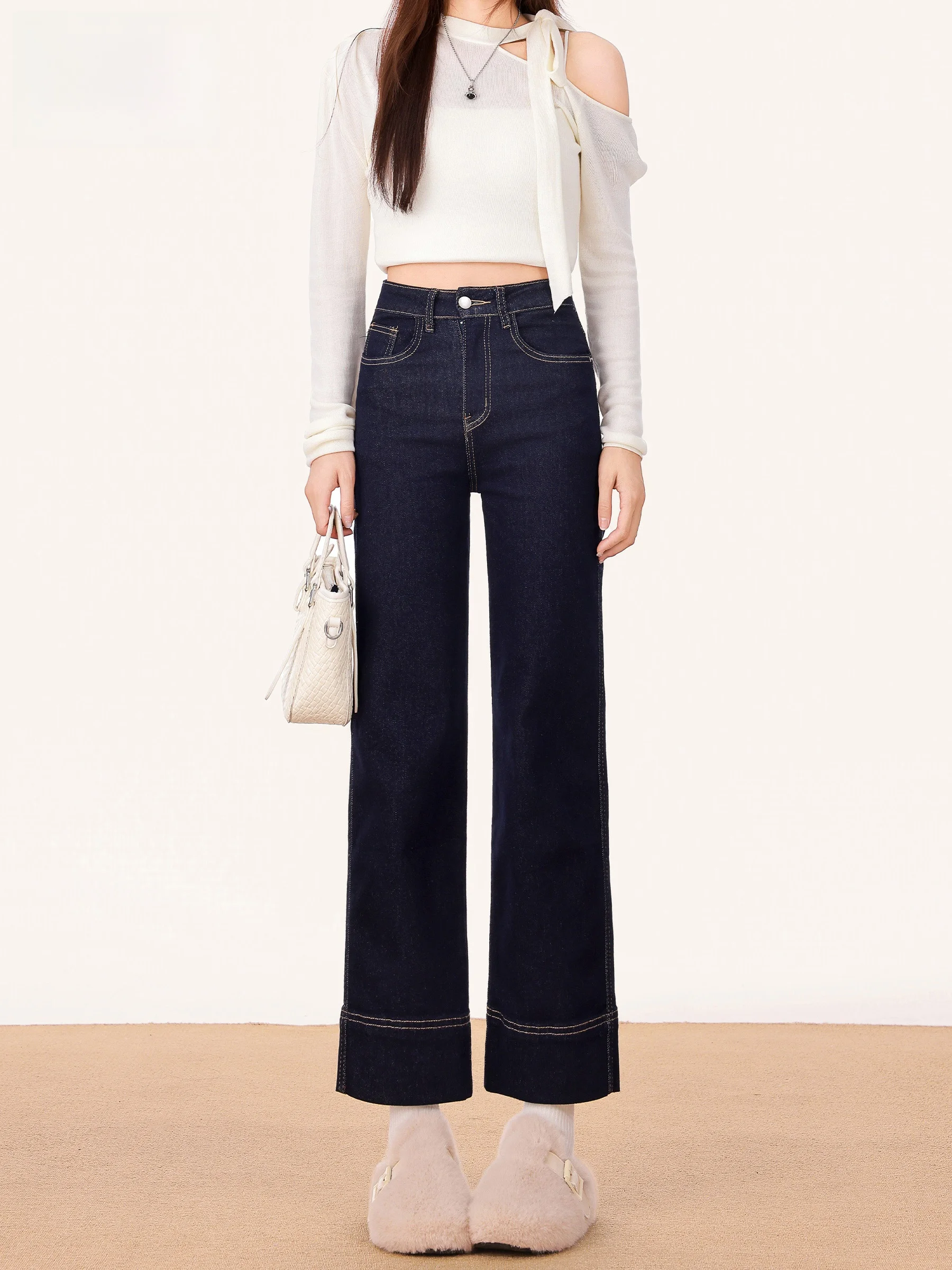 

High Waist Straight Leg Denim Jeans Women's Autumn New Style Slimming Lengthening Elastic Nine Tube Pants Casual Style Button...
