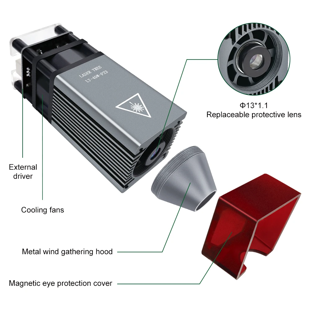 LASER TREE 40W Fixed Focus Laser Module with Metal Hood for CNC Laser Engraver Cuting Engraving Wood 450nm Blue TTL Module Tools