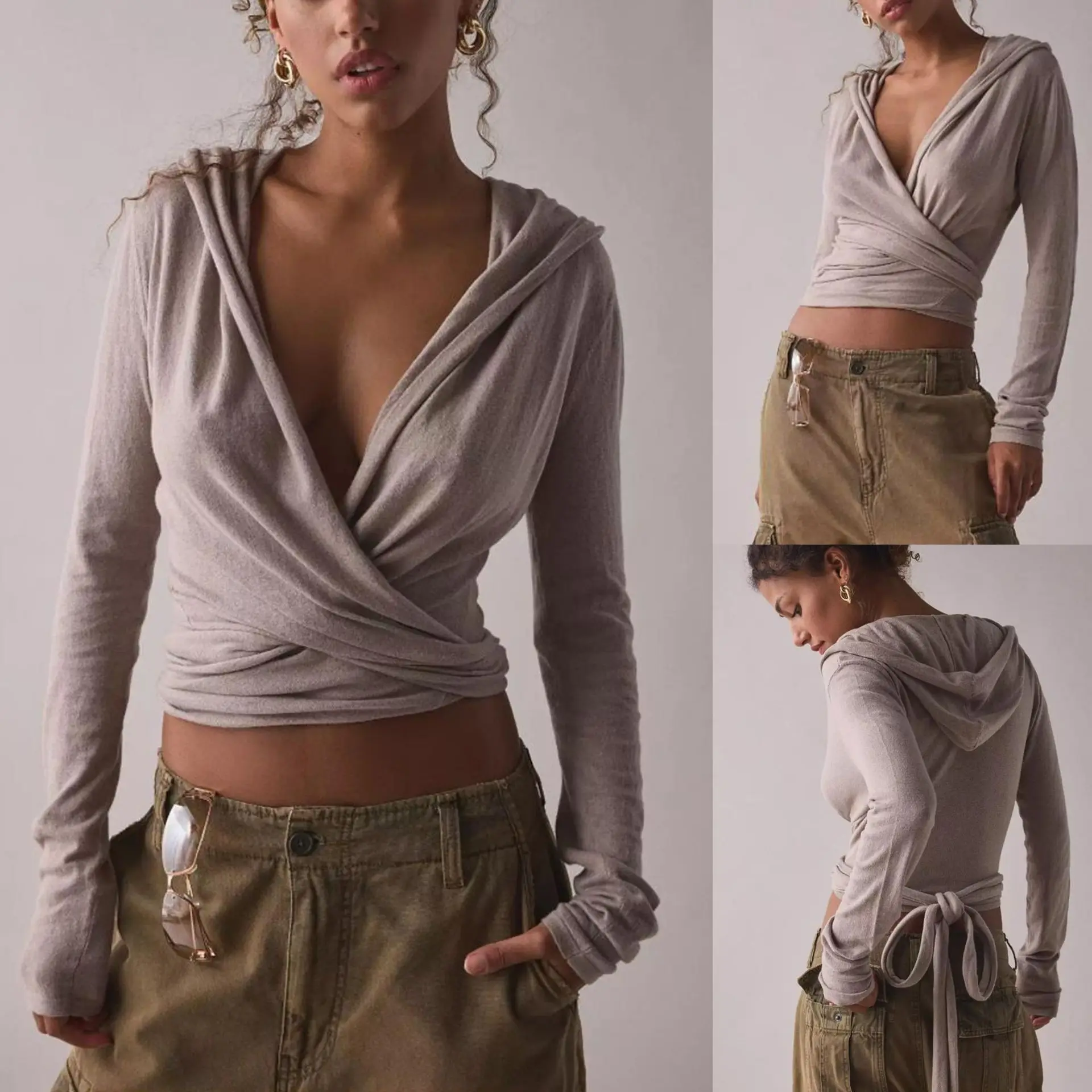 

New Versatile Short Sexy Deep V-Neck Irregular Neck Long Sleeve Hoodie Bottom Shirt
