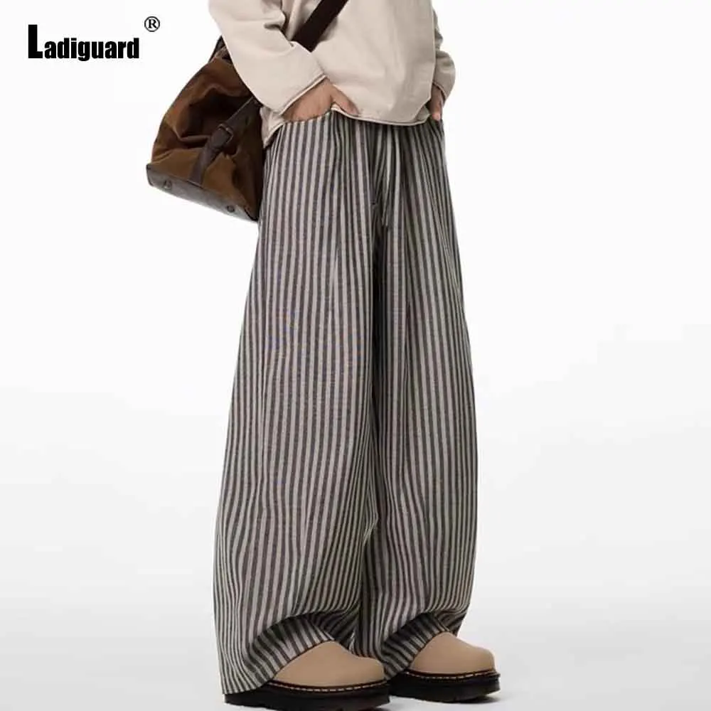 

2025 Men's Stand Pocket Casual Wide Leg Pants Bloomers Plus Size Mens Full-Length Pants Solid Vintage Striped Beach Trouser New