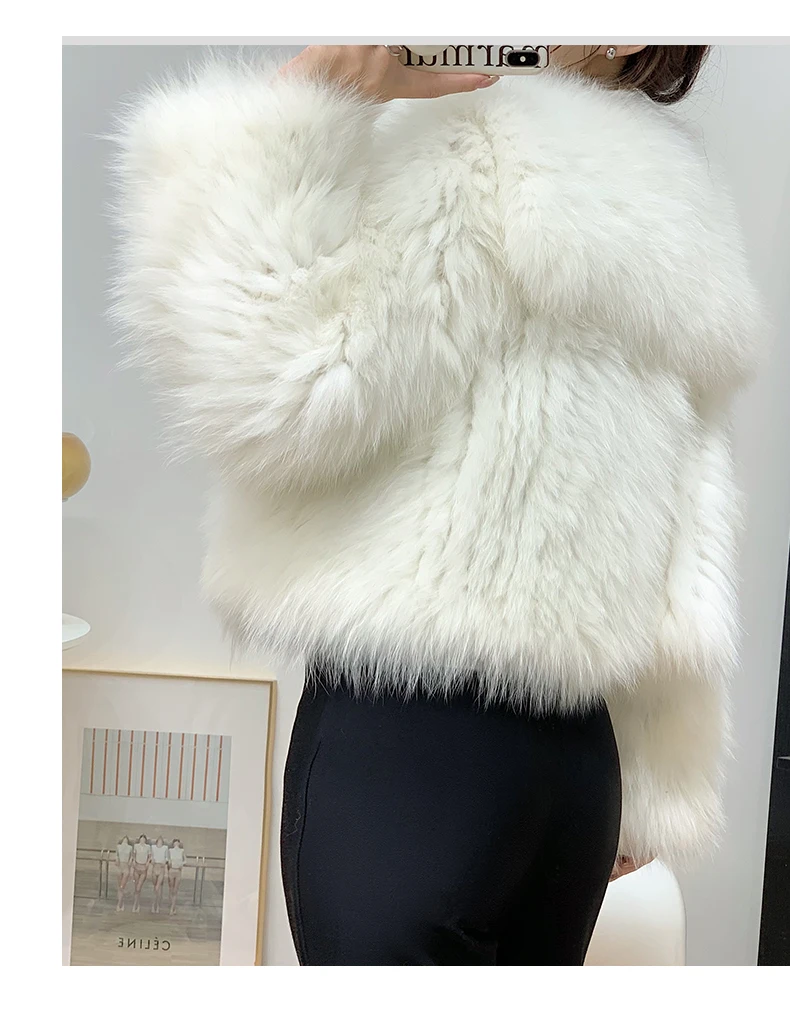 2022 Luxury Real Knitted Fox Fur Coat Winter Women Jacket Female Short Style High Waist Outwear Fashion Lady Autumn Clothing