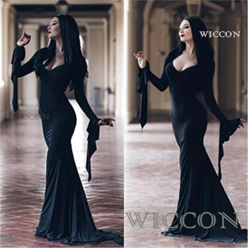 Wednesday Morticia Addams Cosplay Costume Halloween Sexy Dress Wig  Adult Women Punk Gothic Witch Lace Up Slim Gown Dress XXXL