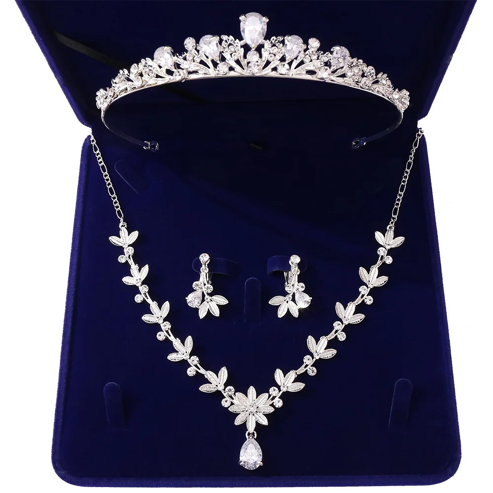 Fashion Zircon Bridal Jewelry Sets Wedding Crown Necklace With Earrings Pin Pearl Crystal Tiara And Crowns Hair Ornaments Women