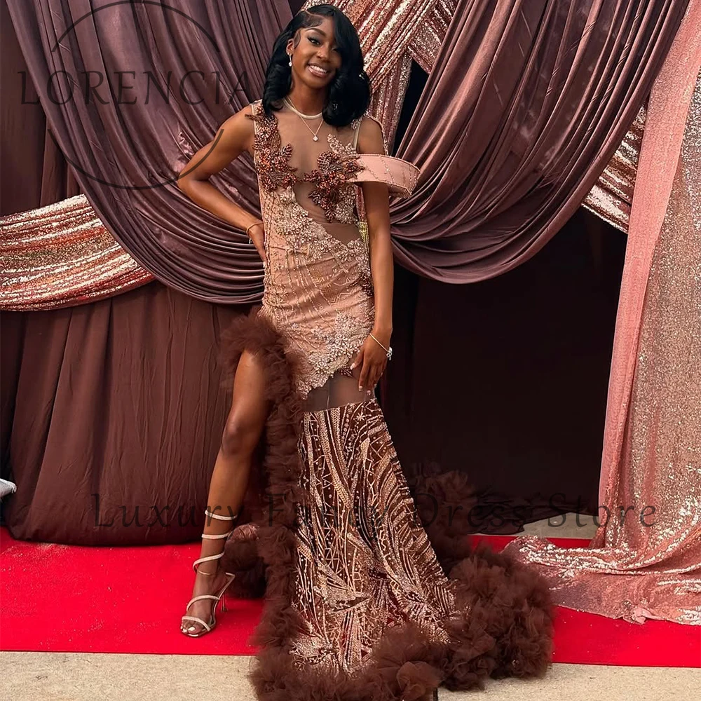 

Sexy Sparkly Diamond Prom Dress for Black Girl Tulle Ruffles Mermaid Evening Party Gowns Customized Side Slit vestido madrinha