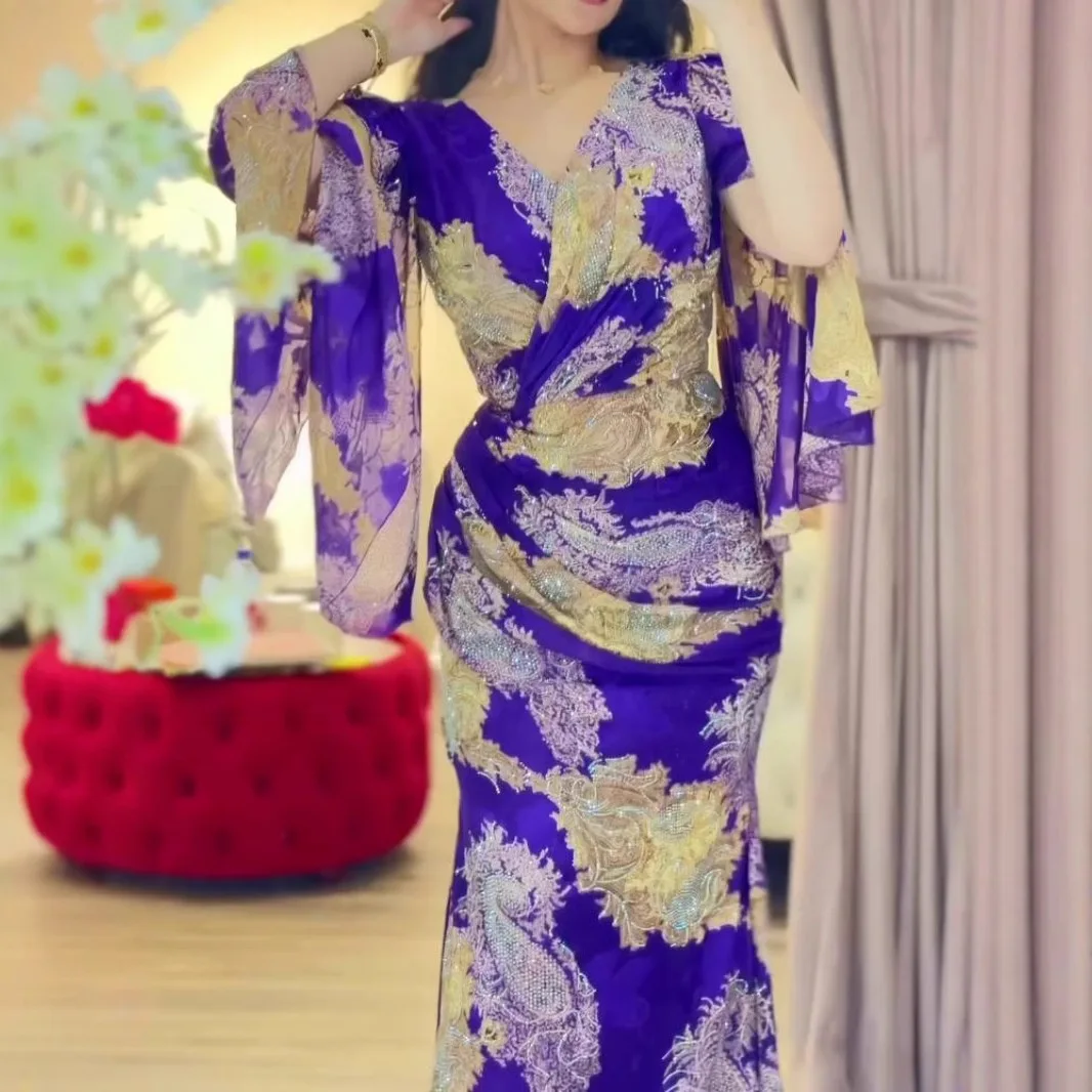 2024 春夏レディースセクシーなシフォンプリント眩しいボールイブニングドレス