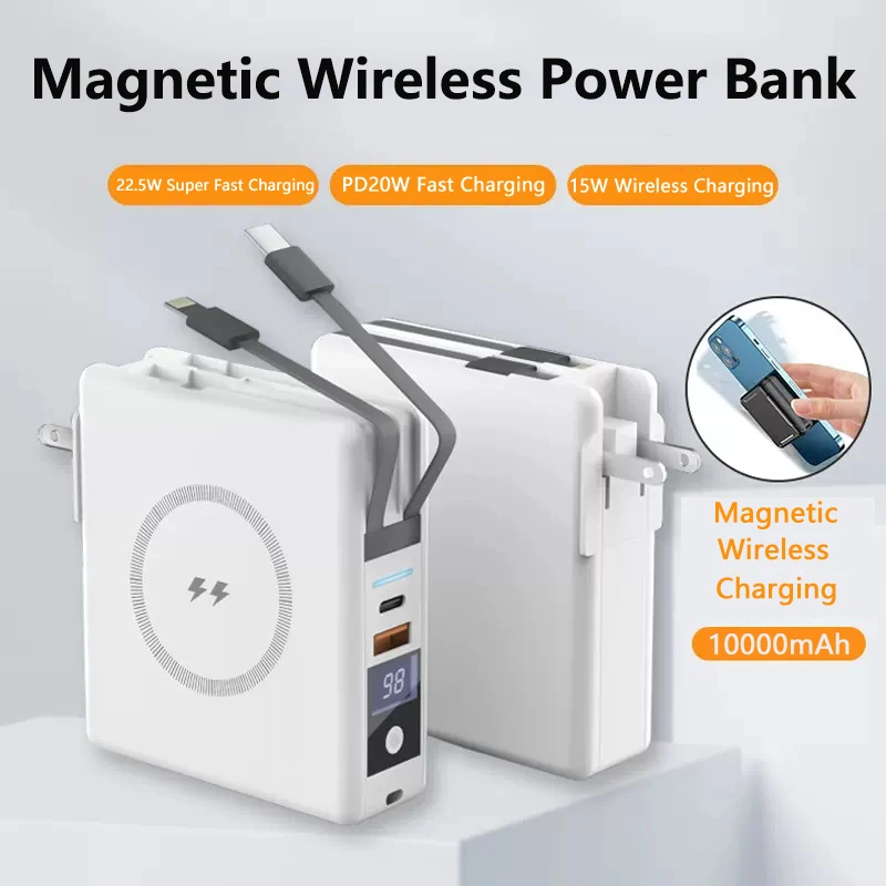 10000mAh Magnetic Wireless Power Bank with Cable AC Plug Wall Charger 22.5W Fast Charging for iPhone 15 Xiaomi Samsung Powerbank