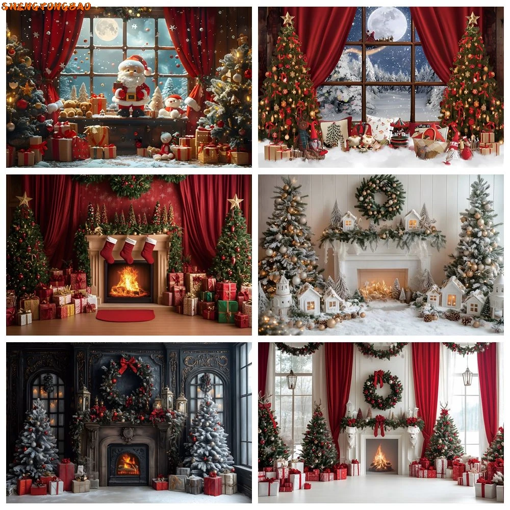 

Christmas Backdrop Fireplace Gifts Window Interior Baby Kids Portrait Family Xmas Party Photography Background Decor Photostudio