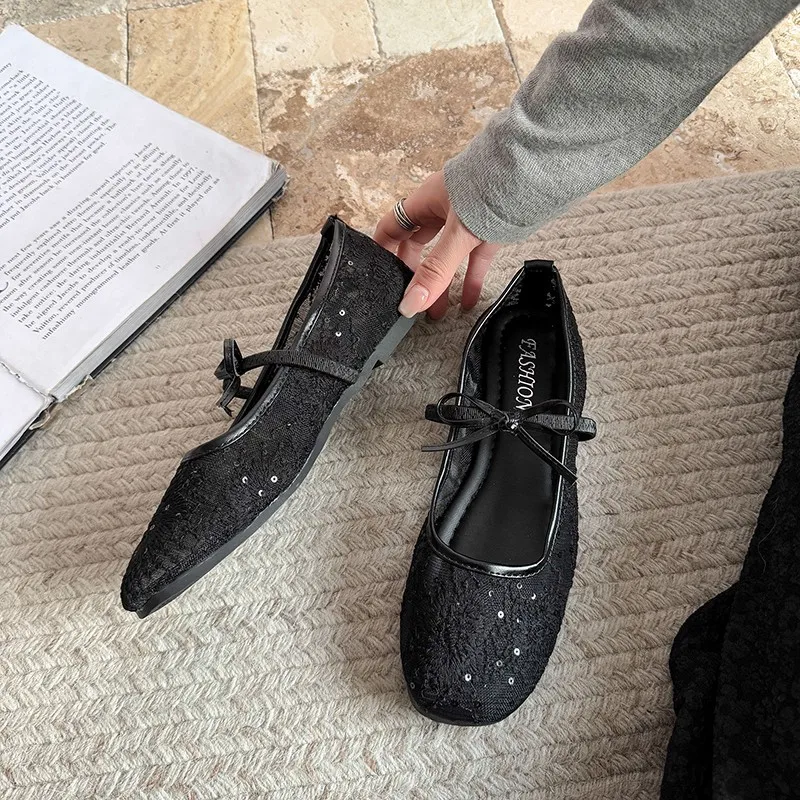 Women's Gentle Ballet Flat Shoes 2026 New Hollow Mesh Lace Embroidered Breathable Dance Footwear Single Sole Slip-On view 5