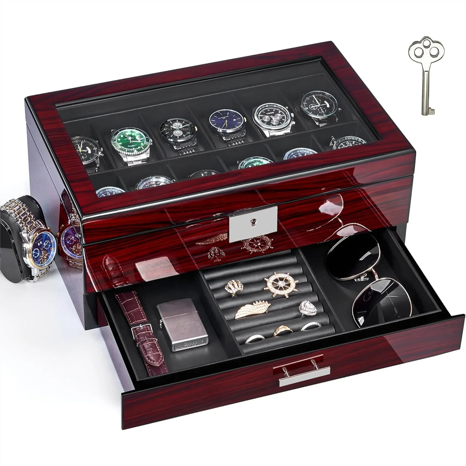 

12 Slot Watch Case for Men, Large Watch Box with Glass Lid, Lockable 2-Tier Watch Organizer for Storage and Display, Jewelry Box