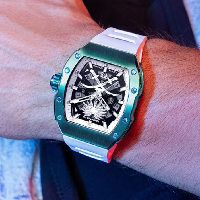 

BONEST GATTI Мужские автоматические часы 43 мм * 51 мм Механические наручные часы Tonneau Водонепроницаемые сапфировые люминовые фторкаучуковые циферблаты кокосовой пальмы