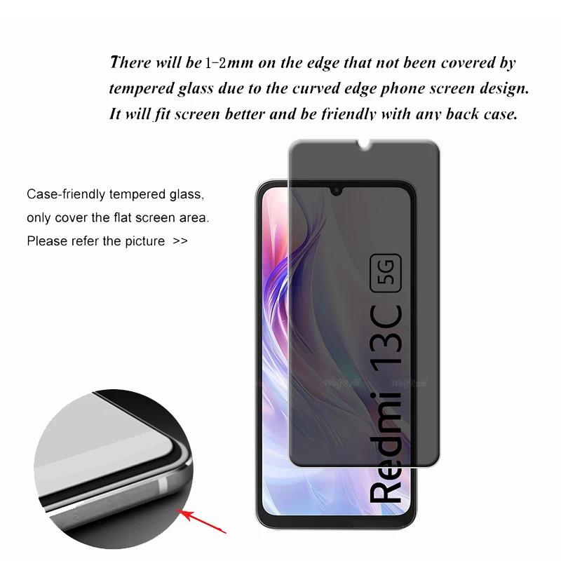 4Pcs For Redmi 13C 5G Glass Xiaomi Redmi 13C 5G Tempered Glass Protective Privacy Anti-Spy Cover Glue Screen Protector Redmi 13C