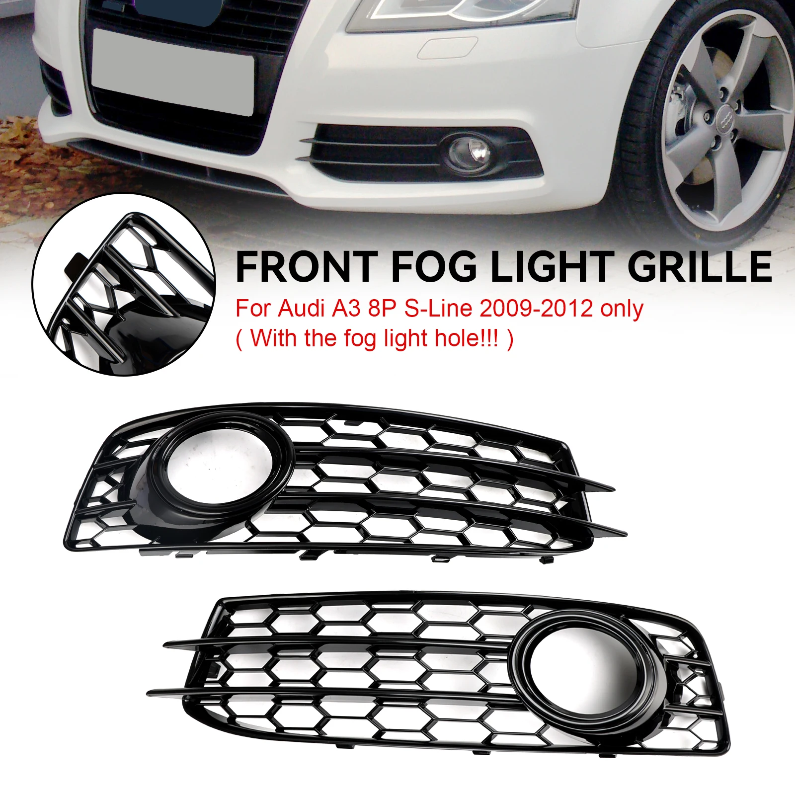 Artudatech Honeycomb Front Bumper Fog Light Grill Cover For Audi A3 8P S-Line 2009-2012