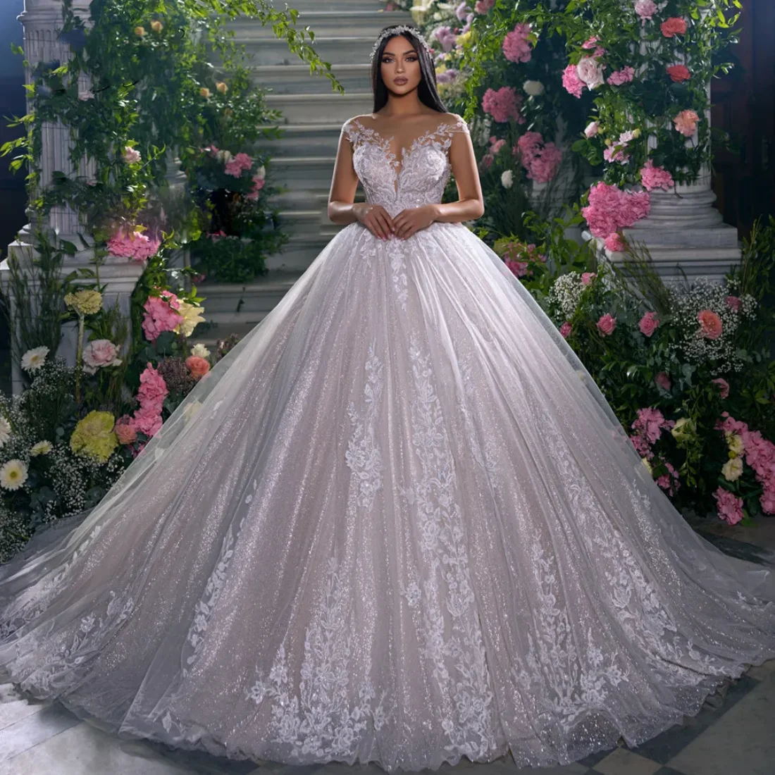 Abito da ballo principessa abiti da sposa 2024 maniche trasparenti con collo Vestido De Novia Appliques in pizzo abiti da sposa senza schienale personalizzati