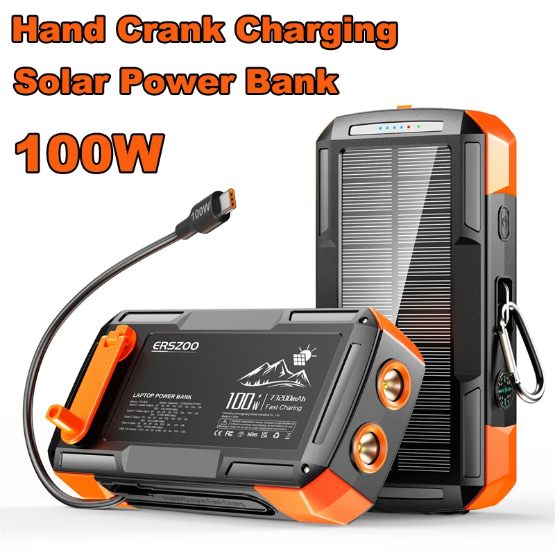 

Ручная рукоятка Solar Power Bank 73200 мАч USB C 100 Вт Быстрая зарядка Внешняя батарея Powerbank для ноутбука iPhone Samsung Xiaomi Huawei